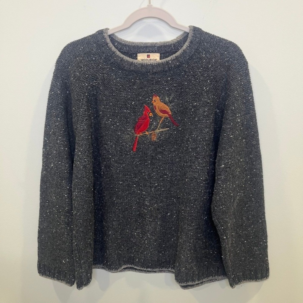 Vintage Woolrich Cardinal Bird Embroidered Tweed Knit Sweater XL Petite EUC